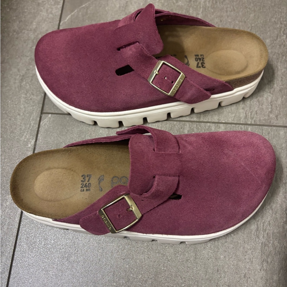 Papillio Suede Buckle Mules - Berry